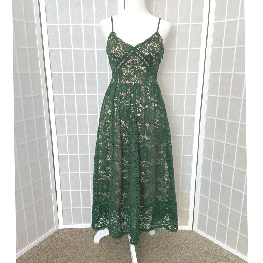NSR Green Lace Midi Dress XS Fairy Earth Witch Romantic Boho Wedding Guest Sweet
